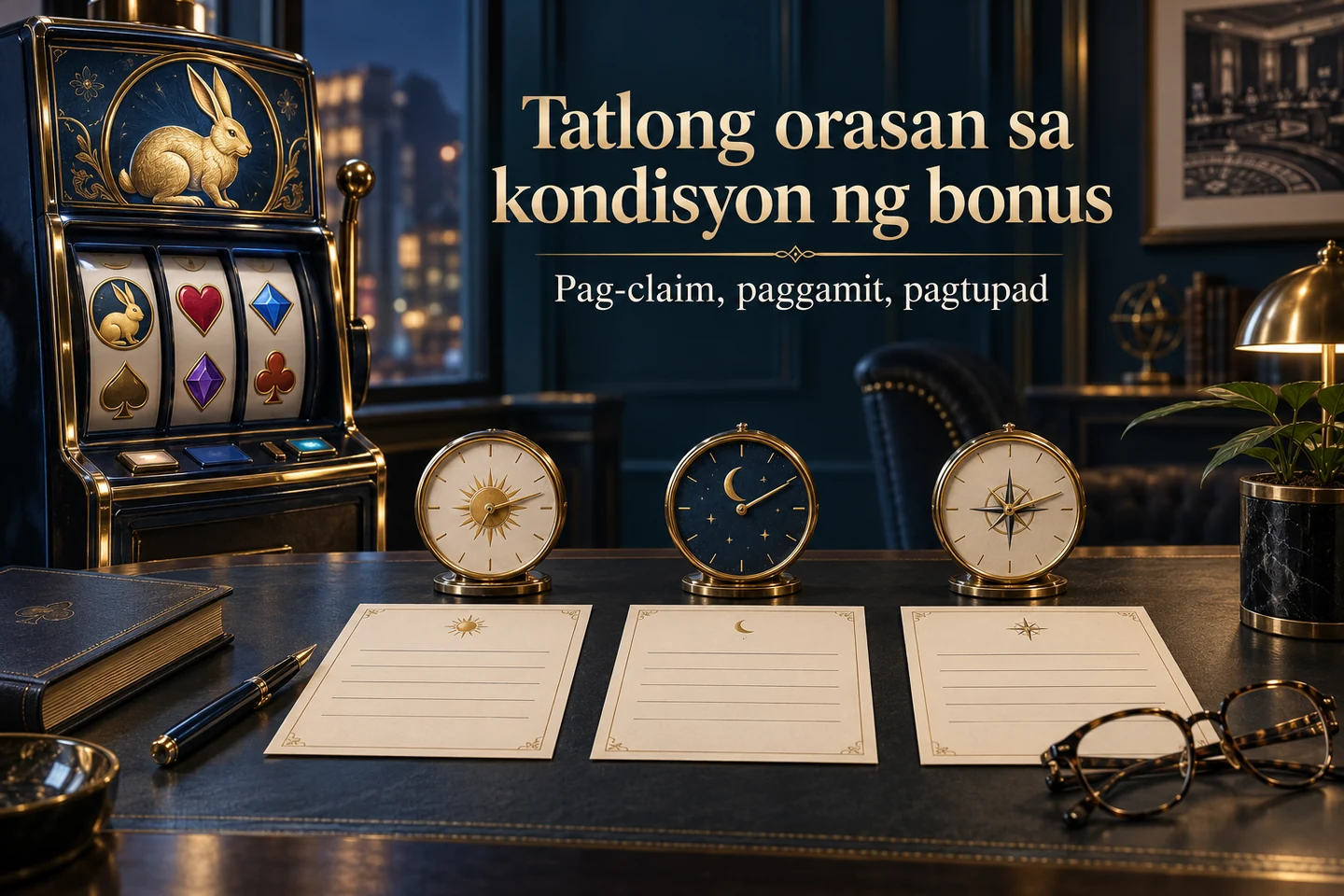 Slot cabinet at tatlong orasan sa tabi ng condition cards upang ihiwalay ang iba’t ibang validity periods ng bonus.
