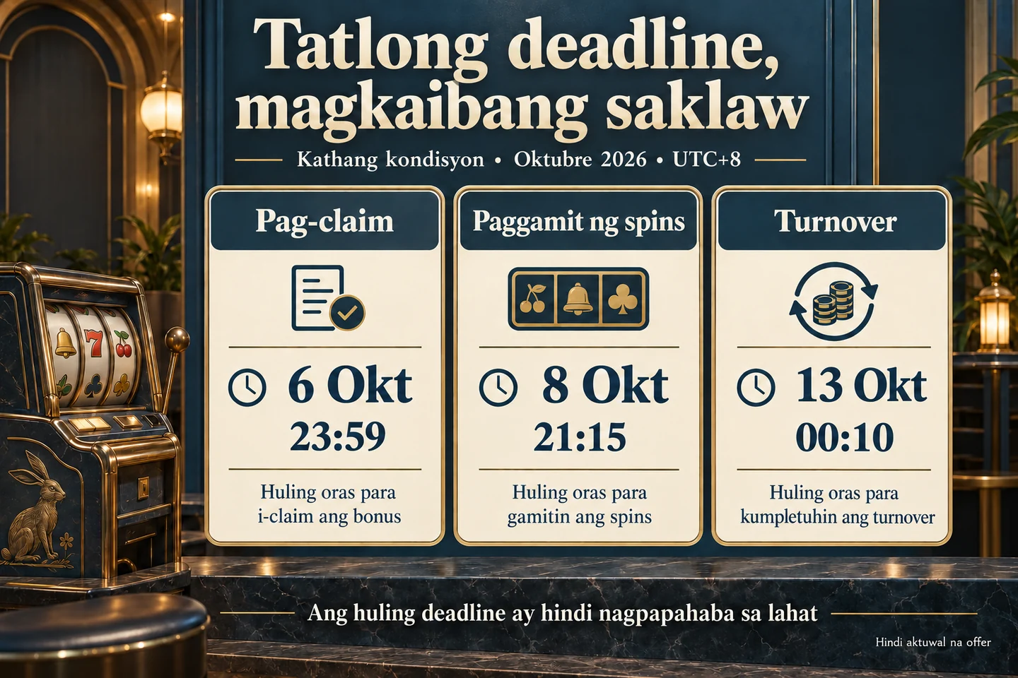 Kathang UTC+8 deadlines: claim 6 Okt 23:59, spins 8 Okt 21:15, turnover 13 Okt 00:10. Hindi aktuwal na offer.