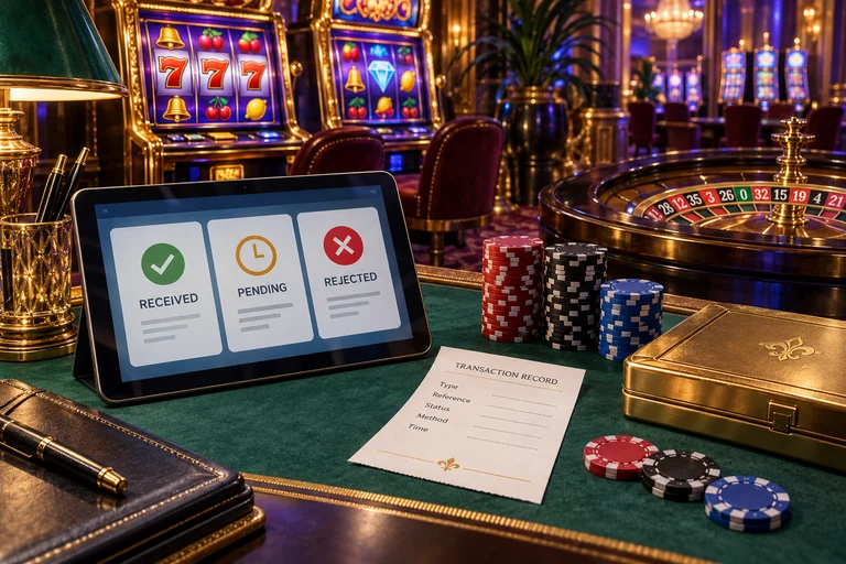 Casino transaction illustration with received, pending and rejected status panels, chip stacks and a blank receipt.