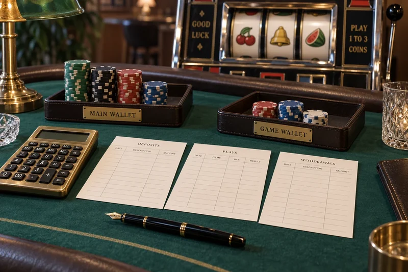 Main-wallet and game-wallet chip trays beside a blank casino ledger and a slot cabinet.