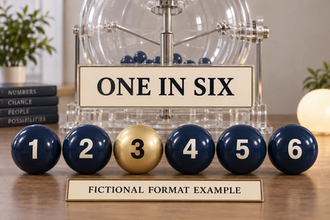 Six physical lottery balls numbered 1 through 6 beside a plaque reading ONE IN SIX