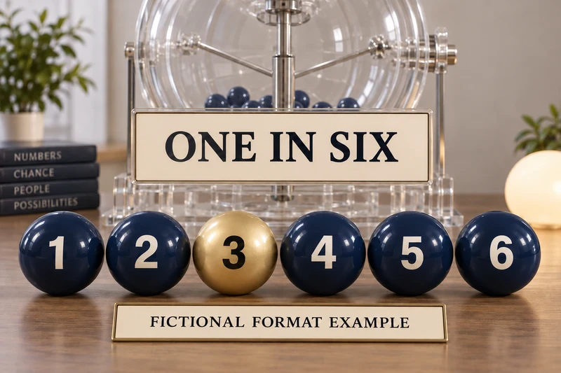 Six physical lottery balls numbered 1 through 6 beside a plaque reading ONE IN SIX
