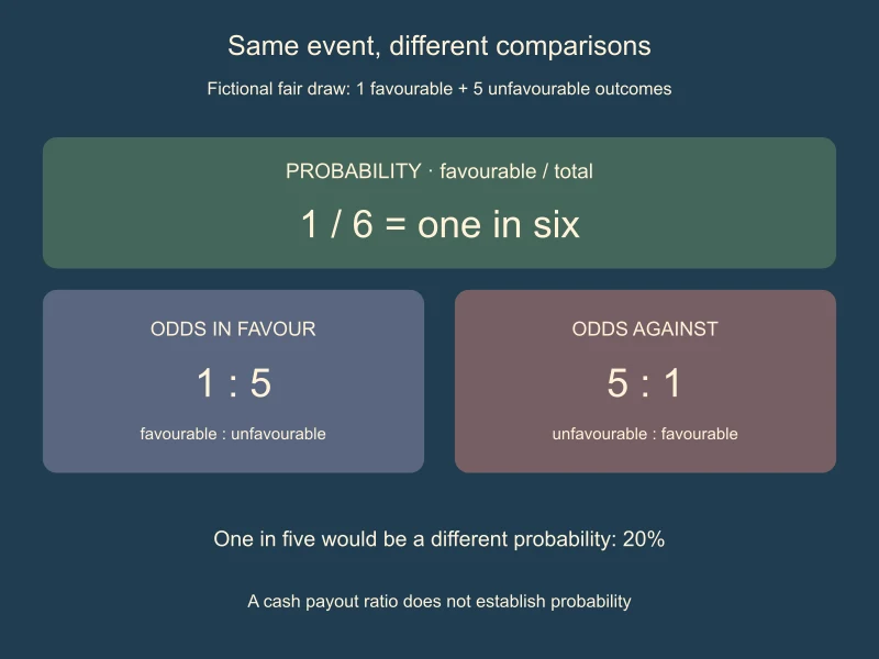 A fictional six-outcome lottery compares probability 1 over 6 with odds 1 to 5 in favour and 5 to 1 against