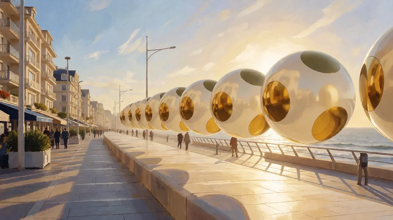 Glossy ivory and gold lottery balls rising over a seaside boulevard at golden hour, with a dark navy and champagne palette