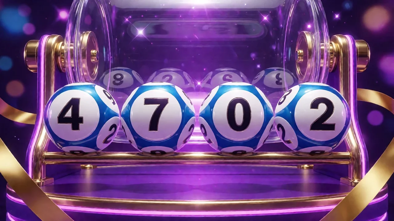 Four glossy white lottery balls with blue rims showing the digits 4, 7, 0 and 2 on a gold rail in front of a glass draw drum on a purple neon stage