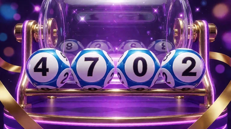 Four glossy white lottery balls with blue rims showing the digits 4, 7, 0 and 2 on a gold rail in front of a glass draw drum on a purple neon stage