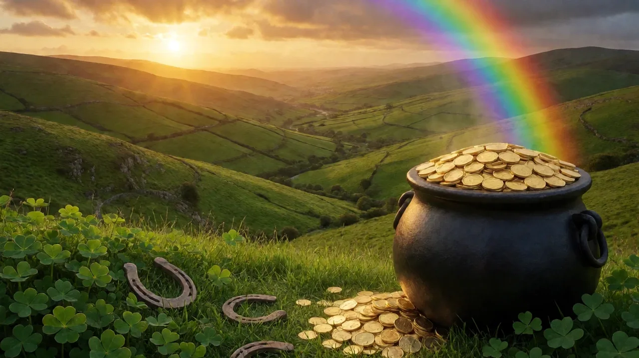 A black cauldron full of gold coins at the end of a rainbow on green Irish hills at sunset, with clovers and horseshoes in the grass